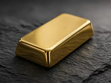 Ein einzelner Goldbarren auf einer dunklen Schieferplatte bei natürlichem Licht. - Foto: über boerse-global.de