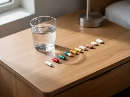 Ein hölzerner Nachttisch mit einem Glas Wasser und mehreren nebeneinander liegenden Medikamenten bei natürlichem Lichteinfall. - Foto: über boerse-global.de