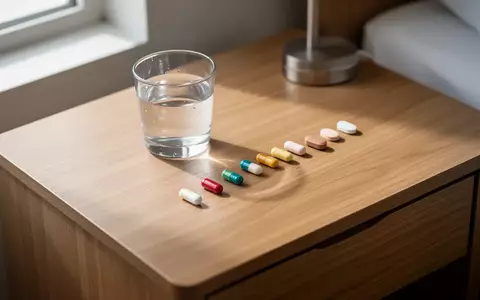 Ein hölzerner Nachttisch mit einem Glas Wasser und mehreren nebeneinander liegenden Medikamenten bei natürlichem Lichteinfall. - Foto: über boerse-global.de