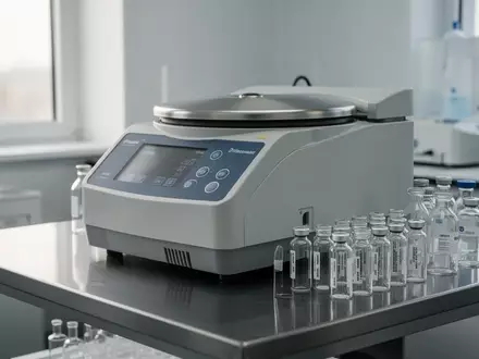Ein steriler Labortisch mit medizinischen Probengefäßen und einer Zentrifuge in einem hellen, klinischen Umfeld. - Foto: über boerse-global.de