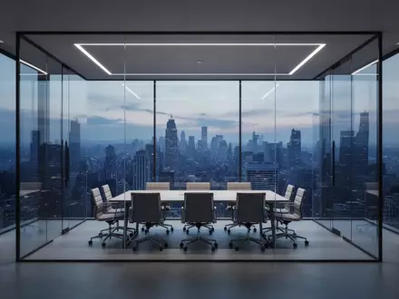 Ein minimalistischer, leerer Büro-Konferenzraum mit Glaswänden und Blick auf eine nächtliche Stadtlandschaft. - Foto: über boerse-global.de