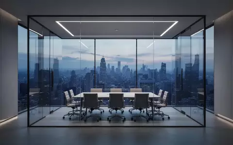 Ein minimalistischer, leerer Büro-Konferenzraum mit Glaswänden und Blick auf eine nächtliche Stadtlandschaft. - Foto: über boerse-global.de