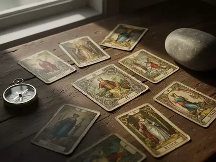 Ein hölzerner Tisch mit kunstvoll illustrierten Tarotkarten, einem Kompass und einem Stein bei natürlichem Lichteinfall. - Foto: über boerse-global.de