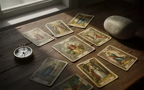 Ein hölzerner Tisch mit kunstvoll illustrierten Tarotkarten, einem Kompass und einem Stein bei natürlichem Lichteinfall. - Foto: über boerse-global.de
