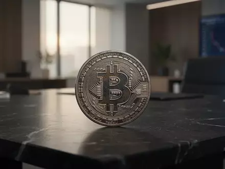 Eine einzelne physische Bitcoin-Münze liegt auf einem dunklen Steintisch in einem modernen Büro. - Foto: über boerse-global.de
