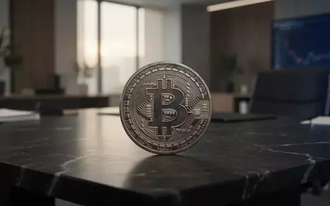 Eine einzelne physische Bitcoin-Münze liegt auf einem dunklen Steintisch in einem modernen Büro. - Foto: über boerse-global.de
