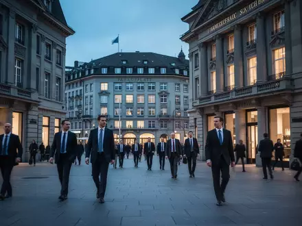 Finanzviertel am Zürcher Paradeplatz in der Dämmerung mit klassischer Architektur und Geschäftsleuten. - Foto: über boerse-global.de