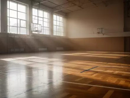 Ein heller, leerer Gymnastikraum mit Holzboden in einer Sporthalle bei natürlichem Lichteinfall. - Foto: über boerse-global.de
