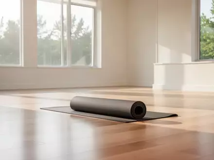 Eine helle, minimalistische Turnhalle mit einer zusammengerollten Yogamatte auf einem hellen Holzboden. - Foto: über boerse-global.de