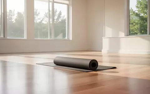 Eine helle, minimalistische Turnhalle mit einer zusammengerollten Yogamatte auf einem hellen Holzboden. - Foto: über boerse-global.de