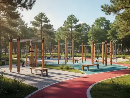 Ein heller, moderner Fitnessbereich in einem öffentlichen Park mit Holzgeräten und Trainingspfaden im Grünen. - Foto: über boerse-global.de