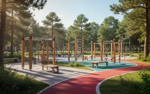 Ein heller, moderner Fitnessbereich in einem öffentlichen Park mit Holzgeräten und Trainingspfaden im Grünen. - Foto: über boerse-global.de