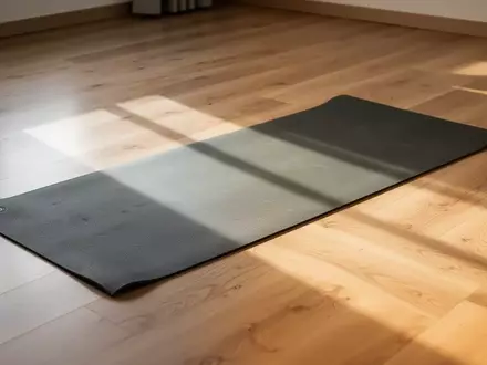 Eine leere Yogamatte auf einem hellen Holzboden in einem lichtdurchfluteten Raum. - Foto: über boerse-global.de