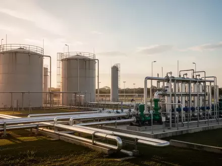 Moderne Wasseraufbereitungsanlage mit großen Industrietanks und Rohrleitungen bei Sonnenuntergang. - Foto: über boerse-global.de