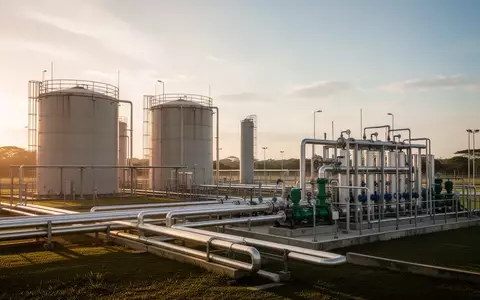 Moderne Wasseraufbereitungsanlage mit großen Industrietanks und Rohrleitungen bei Sonnenuntergang. - Foto: über boerse-global.de