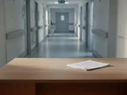 Ein minimalistischer, heller Beratungsraum mit einem einzelnen Dokument auf einem Holztisch in einer medizinischen Umgebung. - Foto: über boerse-global.de
