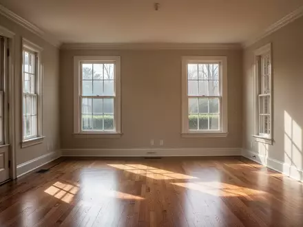 Ein lichtdurchfluteter, leerer Wohnraum in einem Wohnhaus mit Holzboden und Blick durch ein Fenster. - Foto: über boerse-global.de