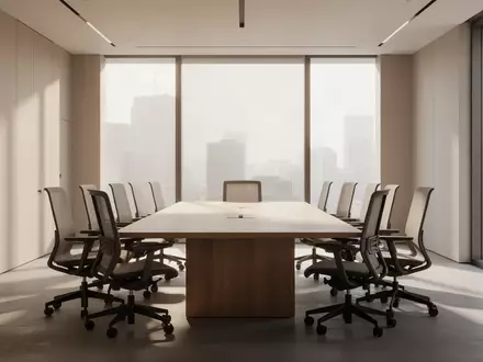 Ein leerer, modern gestalteter Konferenzraum mit ergonomischen Stühlen und einem hölzernen Besprechungstisch bei Tageslicht. - Foto: über boerse-global.de