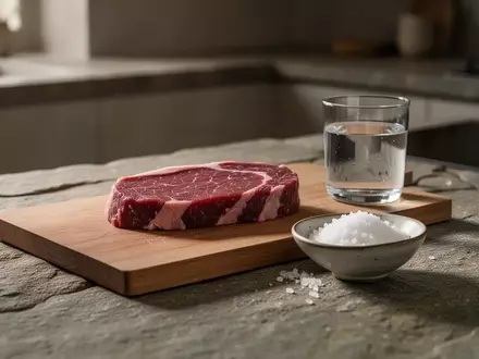 Ein rohes Stück Fleisch auf einem hölzernen Schneidebrett neben einer Schale mit Salz und einem Glas Wasser. - Foto: über boerse-global.de