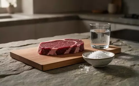 Ein rohes Stück Fleisch auf einem hölzernen Schneidebrett neben einer Schale mit Salz und einem Glas Wasser. - Foto: über boerse-global.de