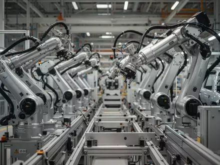 Moderne, hochtechnisierte Fertigungslinie in einer Automobilfabrik mit mechanischen Roboterarmen in einer Industriehalle. - Foto: über boerse-global.de