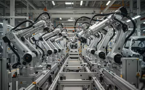 Moderne, hochtechnisierte Fertigungslinie in einer Automobilfabrik mit mechanischen Roboterarmen in einer Industriehalle. - Foto: über boerse-global.de