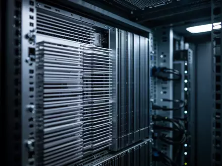 Innenansicht eines Serverschranks mit Fokus auf Hardwarekomponenten und Kühlrippen in einer technisch modernen Umgebung. - Foto: über boerse-global.de