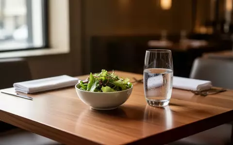 Ein minimalistisch gedeckter Tisch in einem Restaurant mit einer kleinen Schale Salat und einem Glas Wasser. - Foto: über boerse-global.de