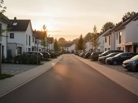 Eine ruhige Wohnstraße in einem deutschen Vorort bei Abendlicht ohne Fahrzeuge. - Foto: über boerse-global.de