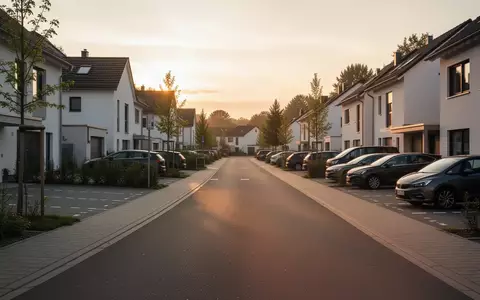 Eine ruhige Wohnstraße in einem deutschen Vorort bei Abendlicht ohne Fahrzeuge. - Foto: über boerse-global.de