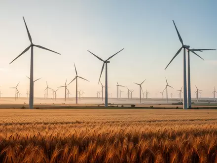 Weitläufiges Windpark-Gelände mit modernen Windkraftanlagen in einem goldenen Getreidefeld bei Sonnenaufgang. - Foto: über boerse-global.de