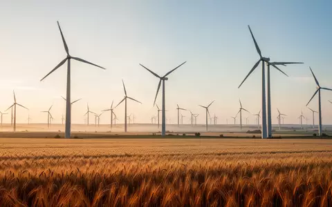 Weitläufiges Windpark-Gelände mit modernen Windkraftanlagen in einem goldenen Getreidefeld bei Sonnenaufgang. - Foto: über boerse-global.de