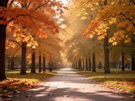 Ein ruhiger, sonnendurchfluteter Parkweg im Herbst mit goldenem Licht und herbstlichem Laub. - Foto: über boerse-global.de