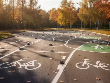 Leerer Parcours einer Jugendverkehrsschule mit Bodenmarkierungen und Verkehrshütchen bei Tageslicht. - Foto: über boerse-global.de