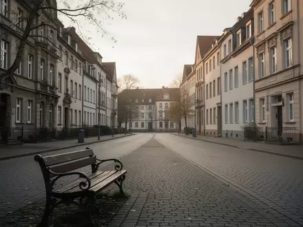 Eine leere, ruhige Wohnstraße in einer deutschen Stadt mit einer Parkbank im Vordergrund. - Foto: über boerse-global.de