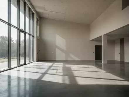 Ein minimalistischer, leerer Gebäuderaum mit natürlichem Lichteinfall und geometrischen Schatten auf einem Betonboden. - Foto: über boerse-global.de