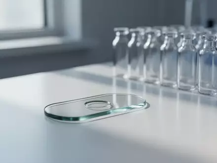 Ein steriler Labortisch mit leeren Glasfläschchen und einem Objektträger in einem hellen, klinischen Umfeld. - Foto: über boerse-global.de