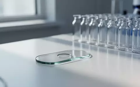 Ein steriler Labortisch mit leeren Glasfläschchen und einem Objektträger in einem hellen, klinischen Umfeld. - Foto: über boerse-global.de