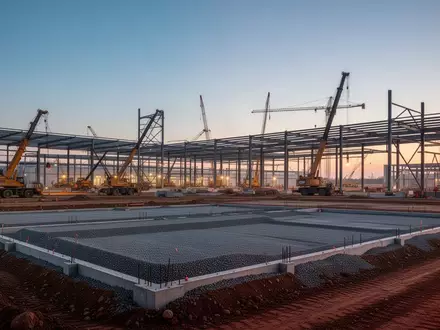 Eine Baustelle für eine neue Industrieanlage bei Dämmerung mit Erdarbeiten und Stahlkonstruktionen. - Foto: über boerse-global.de