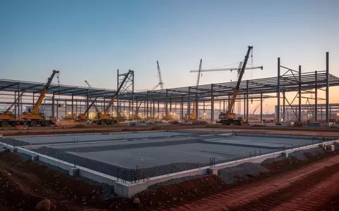 Eine Baustelle für eine neue Industrieanlage bei Dämmerung mit Erdarbeiten und Stahlkonstruktionen. - Foto: über boerse-global.de