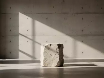 Ein minimalistischer Steinsockel in einem hellen, ruhigen Raum mit strukturierten Betonwänden und sanftem Lichteinfall. - Foto: über boerse-global.de