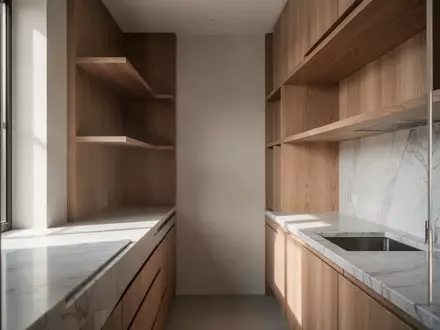 Minimalistische, schmale Küchenzeile mit freier Arbeitsfläche in einem modernen Wohnraum bei natürlichem Lichteinfall. - Foto: über boerse-global.de
