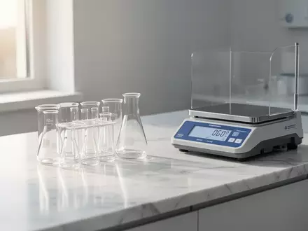 Leere Glasbecher und eine Analysenwaage auf einem weißen Labortisch bei natürlichem Tageslicht. - Foto: über boerse-global.de