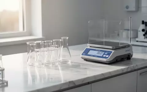 Leere Glasbecher und eine Analysenwaage auf einem weißen Labortisch bei natürlichem Tageslicht. - Foto: über boerse-global.de
