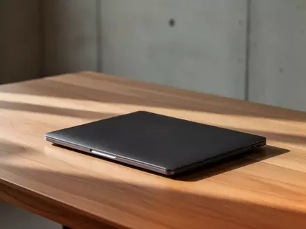 Ein geschlossener Laptop auf einem schlichten Holztisch in einer ruhigen, minimalistischen Umgebung. - Foto: über boerse-global.de