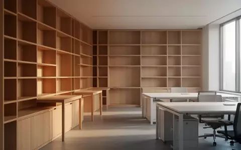 Ein aufgeräumter, minimalistischer Büroraum mit leeren Regalen und Schreibtischen in hellem, natürlichem Licht. - Foto: über boerse-global.de