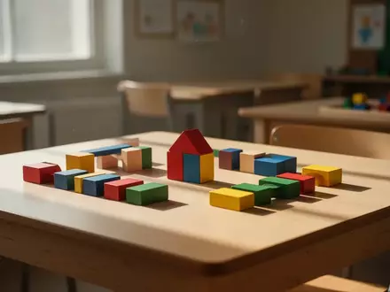 Bunte Holzbausteine auf einem schlichten Holztisch in einem hellen, leeren Klassenzimmer. - Foto: über boerse-global.de