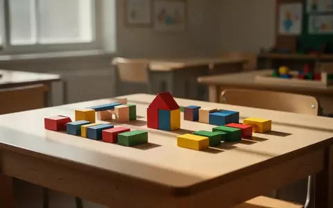 Bunte Holzbausteine auf einem schlichten Holztisch in einem hellen, leeren Klassenzimmer. - Foto: über boerse-global.de