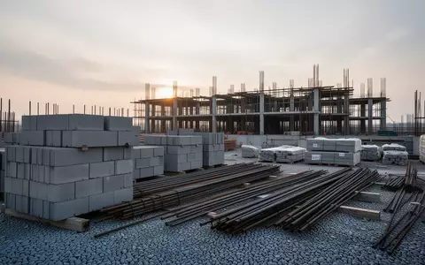 Baustelle mit ordentlich aufgeschichteten Baumaterialien und einem Rohbau im Hintergrund bei Tagesanbruch. - Foto: über boerse-global.de