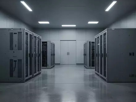 Ein minimalistischer, moderner Sicherheitskontrollraum mit grauen Industrieschränken und schlichten Oberflächen. - Foto: über boerse-global.de